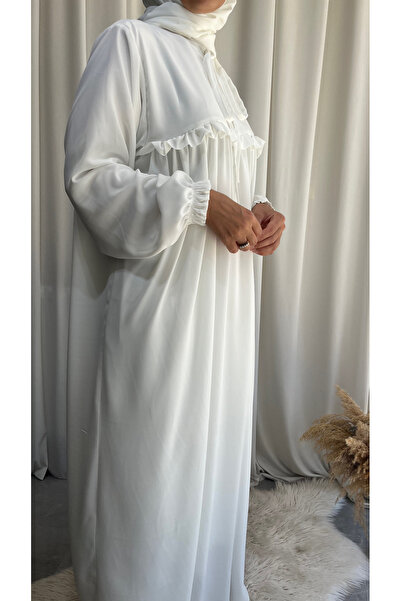 afife Model Aslı Umre Hac Beyaz Robalı Fırfırlı Medine ipeği Tesettür Elbise