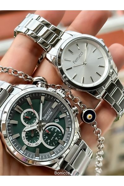 Ferrucci Silver/Green Steel Band Lover Watches - Rosary Bracelet Gift