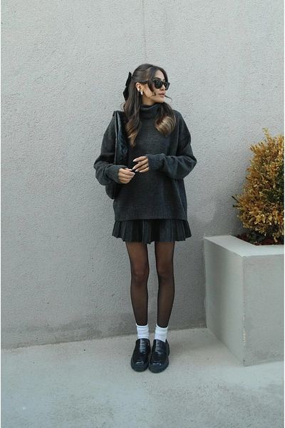 Mooi Butik Anthrazit Falten Minirock Fischerpullover Unterteil Oberteil Strickset