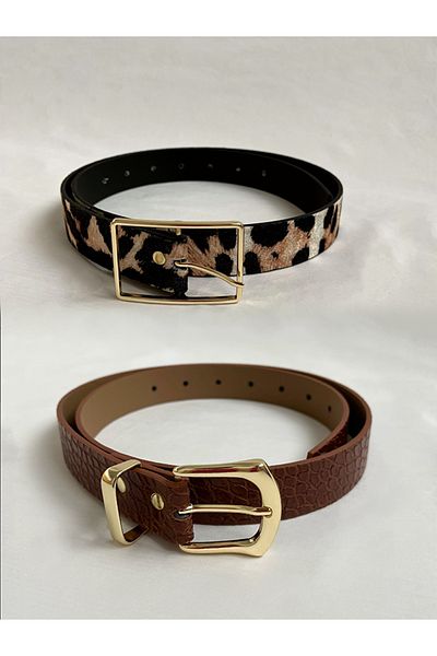 Caramel Butik Leopard Gold-Tan Crocodile Gold Belt Set