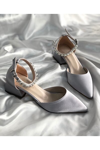 Genel Markalar Bilekten Taşlı Saten Malzeme Kisa Topuklu Kadin Ayakkabı