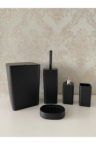 Trend Banyo Mutfak 5 Pieces Black Square Silver Matte Bathroom Set - Wcbrush Holder, Liquid - Solid Soap Dispenser, Dustbin, Toothbrush Holder