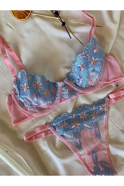 ROZENİN LINGERIE Set sutien din tul fără cupă cu sârmă florală roz