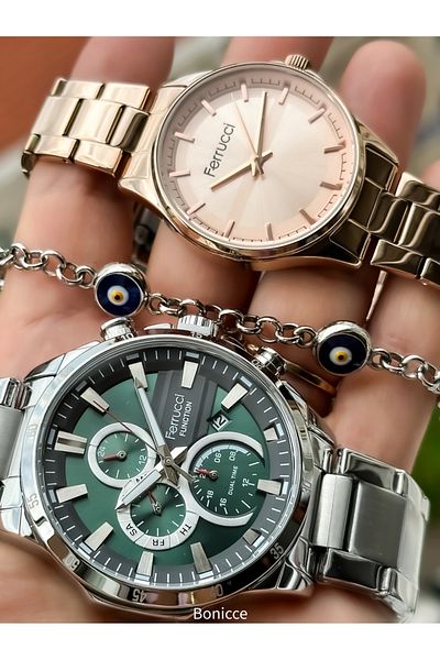 Ferrucci Silver/Rose Colored Steel Cord Lover's Watch and Wrist Gift