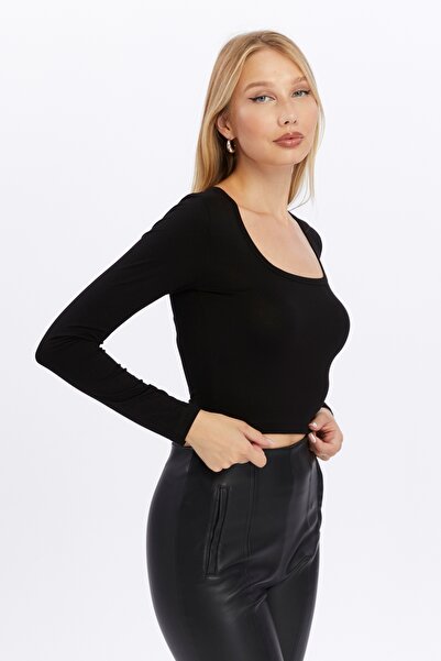 LAENT Kadın Siyah Kare Yaka Uzun Kollu Crop Bluz