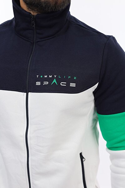 TOMMY LIFE Men's Zippered Stand Collar Color Transition Print Detailed Raised Tracksuit Set 85186 Ecru-Indigo