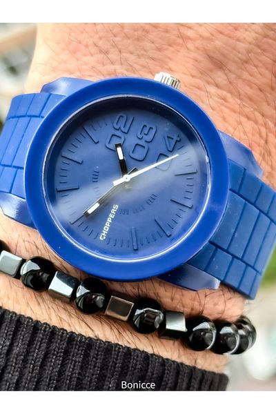 Choppers Brand Navy Blue Silicone Cord Sports Men's Wrist Watch + Bracelet