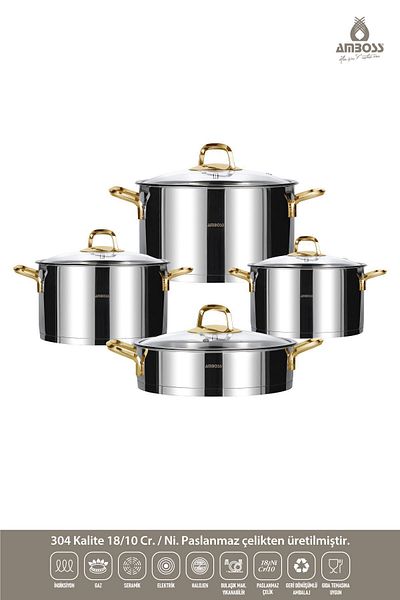 Amboss Diamond 8 Piece Stainless Steel Gold Handle Cookware Set Glass Lid Suitable for All Stoves