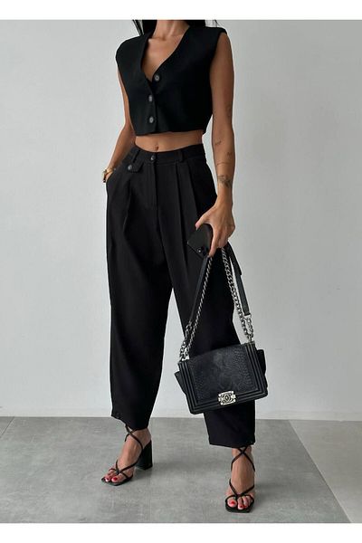 DEEFWEAR Women's Cuff Button Detailed Waist Pleated Black Pants