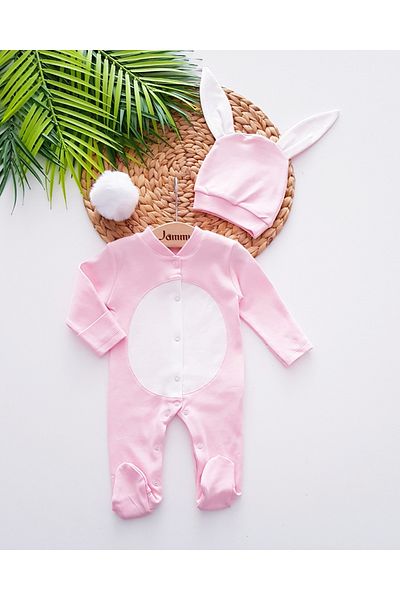 Jammybaby 100% Cotton Combed Cotton Baby Girl Jumpsuit Set with Gloves and Plug-and-Remove Pompom Rabbit Ear Hat