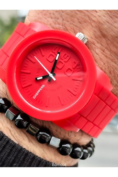 Choppers Brand Red Color Silicone Cord Sports Men's Wrist Watch + Bracelet