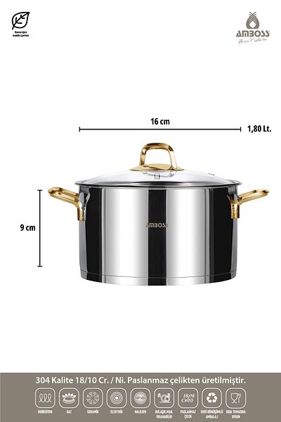 Amboss Diamond 8 Piece Stainless Steel Gold Handle Cookware Set Glass Lid Suitable for All Stoves