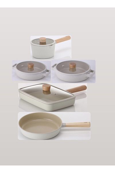 NEOFLAM Fika Beige 9 Piece Induction Cast Iron Sauce Pan Milk Jug Breakfast Set