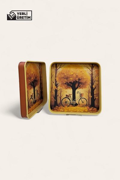 KMS Kumsar Sandy Color Printed Square Metal Tray - Decorative Tray - Presentation Tray