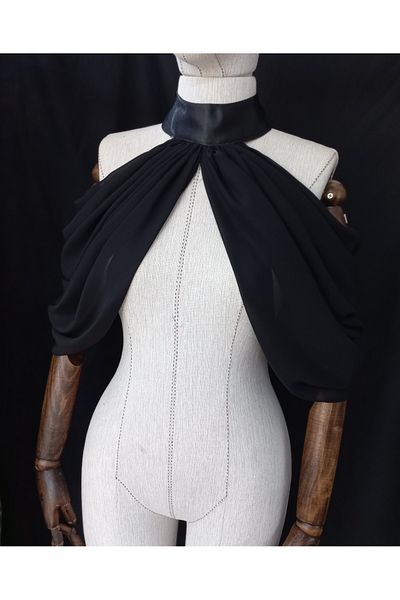 es moda shop Black Chiffon Evening Dress - Rani Buttoned Neck, Bridal Shawl