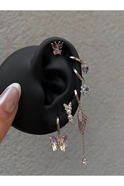 h&b design jewel Çelik Silver Hologram Kelebekli 6 Lı Küpe Seti