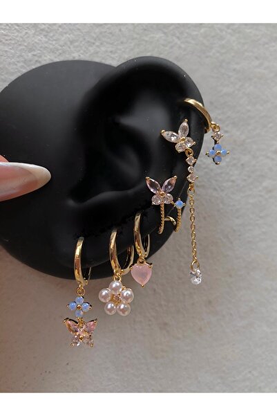 h&b design jewel Çelik Gold Kelebek Detaylı 6 Lı Küpe Seti