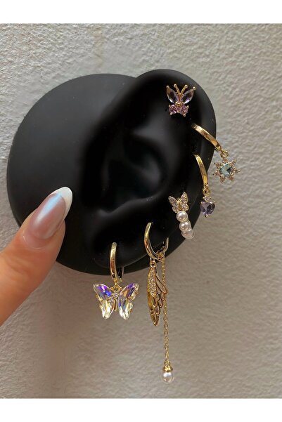 h&b design jewel Çelik Gold Hologram Kelebek Detaylı 6 Lı Küpe Seti
