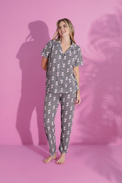 Prestij İç Giyim Gray Cat PatterneD Cotton Pajamas Set for Women - Shirt Collar, ButtoneD, Short Sleeve