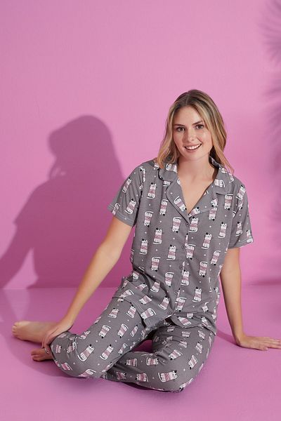 Prestij İç Giyim Gray Cat PatterneD Cotton Pajamas Set for Women - Shirt Collar, ButtoneD, Short Sleeve