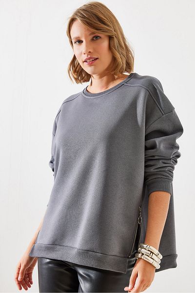 Bianco Lucci Crew Neck Zippered Women's Sweatshirt - Raised Basic Model 60251796