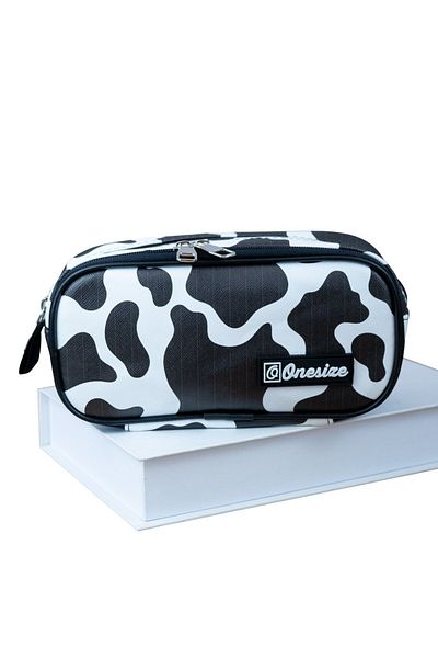 OneSize Black-White Cow Vegan Leather Oval Pencil Case - Two Compartments (Pen Holder)
