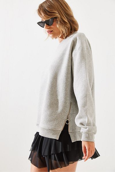 Bianco Lucci Crew Neck Zippered Women's Sweatshirt - Raised Basic Model 60251796