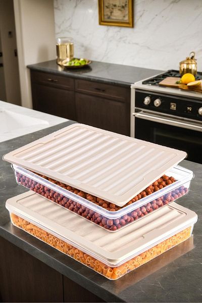 Espas Home Freshbox Set of 2 - Storage Container Suitable for Microwave and Deep Freezer, Cream