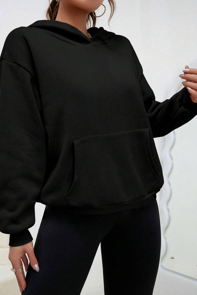 NAKRUF Φούτερ Oversize Μαύρη με κουκούλα - Χωρίς στάμπα, με τσέπη καγκουρό και φλις εσωτερικά