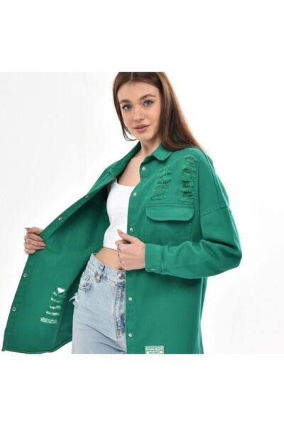 ESB Design Ženska zelena boyfriend stilska prevelika traper jakna sa efektom ...