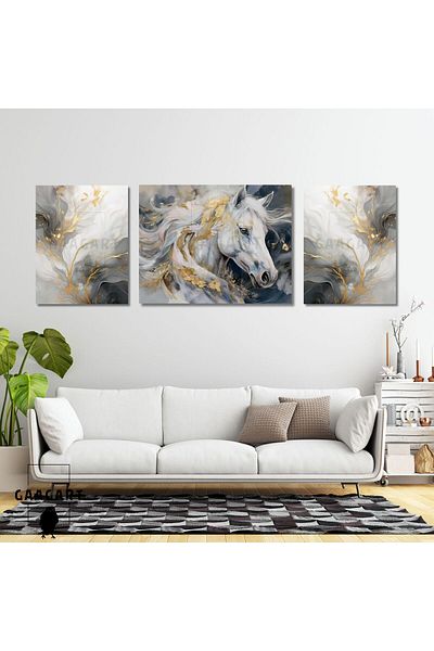 GAAGART 3 Piece Canvas Stylish Living Room Wall Painting Modern Abstract Gray Gold Horse