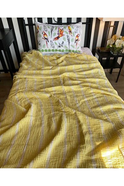 YASEMİNİNEVİ Müslin / Sarı Çizgili / Tek Kişilik Yatak Örtüsü / Pike Takımı ( 1 Yastık Kılıflı )