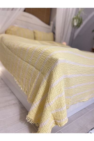 YASEMİNİNEVİ Yellow Striped Muslim Bedspread with 2 Pillowcases