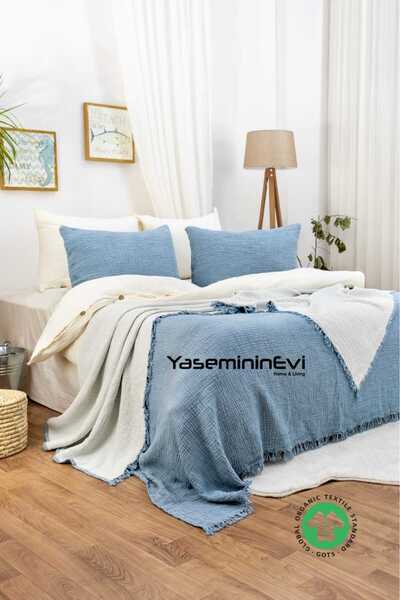 YASEMİNİNEVİ Cuvertură de pat de muselină de culoare petrol - King Size, set de 2 fete de pernă