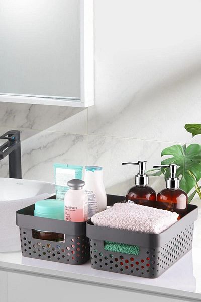 Espas Home 7 Piece Anthracite Colored Cabinet Bathroom Organizer Basket - Multi-Purpose