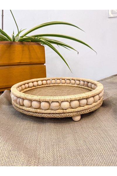 MAJESTE TASARIM Wooden Beaded Wicker 25 Cm Natural Raffia Tray, Decorative Tray, Decorative Tray for Bathroom, Home, Table