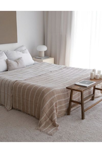 YASEMİNİNEVİ Single Muslin Bedspread - Striped Mink Pique Set (1 Pillow Case)