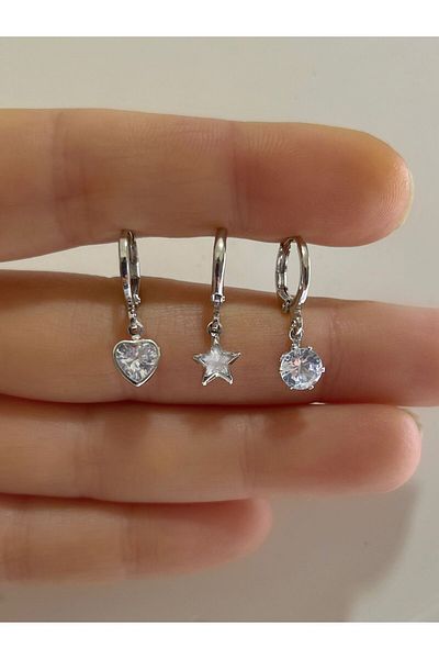 Arescollection Heart and Star Zircon Stone Dangle 3-Piece Women's Earrings Set