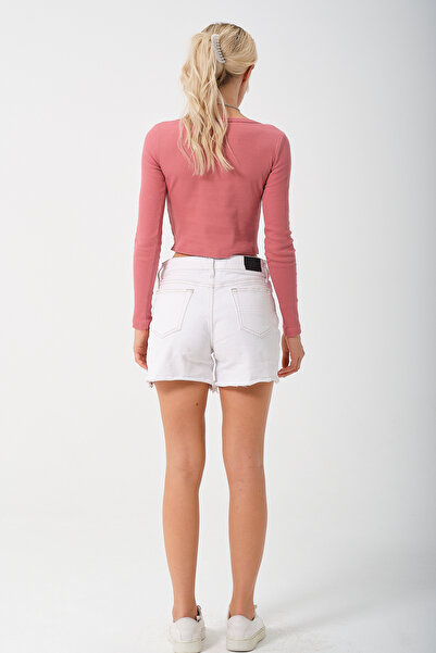 PUNKY CAT Women's Dried Rose Long Sleeve Square Neck Ribbed Blouse