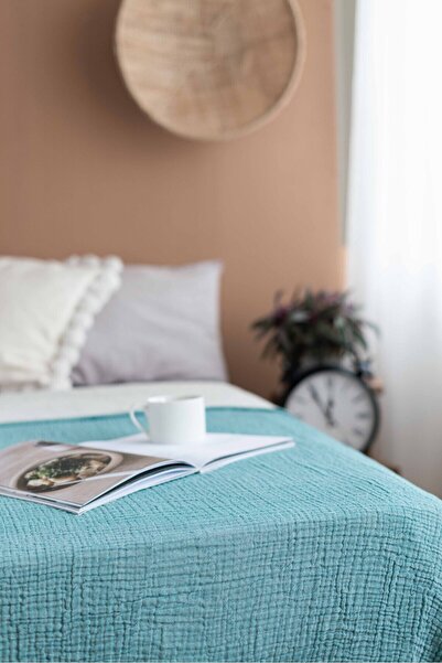 YASEMİNİNEVİ Turquoise Muslin Single Bedspread - Pique Set with 1 Pillowcase