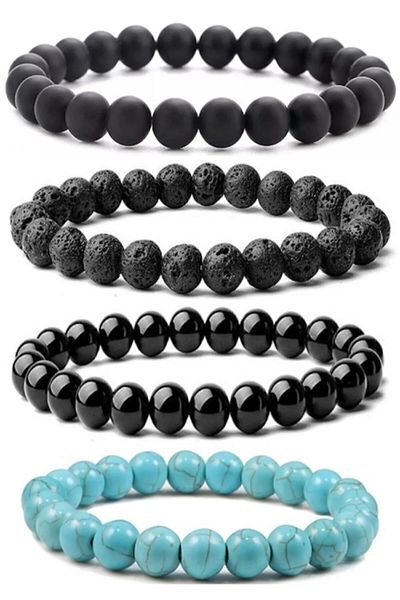 Dejavu TR 8mm Turquoise and Lava Jewelled 4-Piece Bracelet Set - Matte and Shiny Onyx