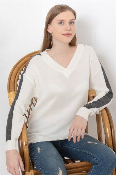 AQE FASHION Pulover alb pentru damă, cu mânecă în dungi, cu gâtul turnat