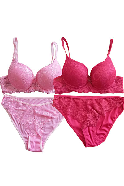 ST iç giyim Дамски комплект сутиен от 2 части с банели и дантела в розово и б...