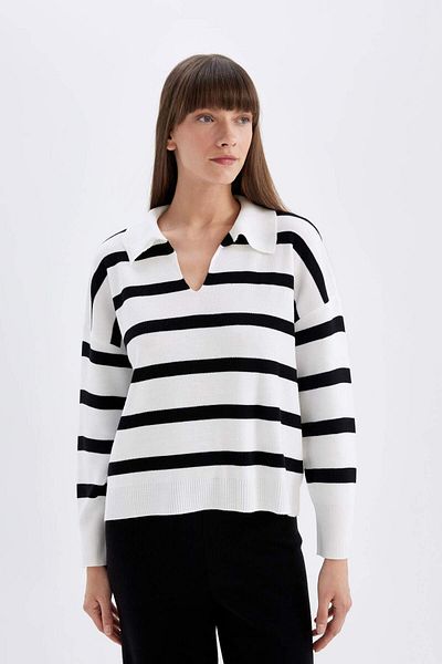 DeFacto Relax Fit Polo Collar Striped Knitwear Sweater A3861Ax24Wn
