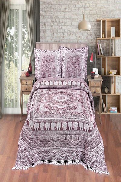 Evim Elephant Patterned Cotton Plum Jacquard Bedspread - 230X240 cm
