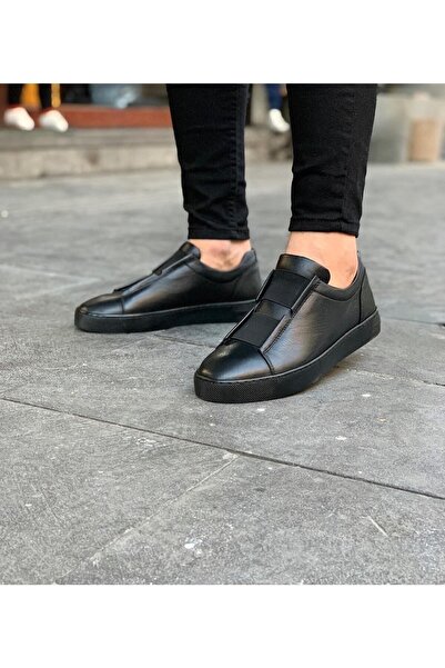 Parlak Siyah Lastikli Hakiki Deri Erkek Ayakkabı
