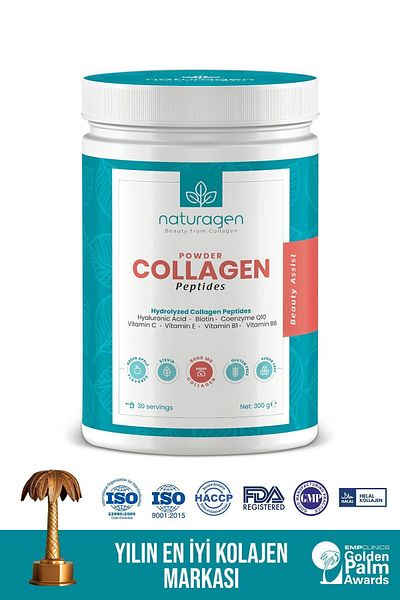 Naturagen Green Apple Flavored Collagen Powder - 300 Gr, type 1 & 3 - 8,000 Mg Collagen Hyaluronic Acid and Vitamin C