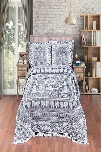 Evim Elephant Patterned Cotton Dark Indigo Jacquard Bedspread - 230X240 cm