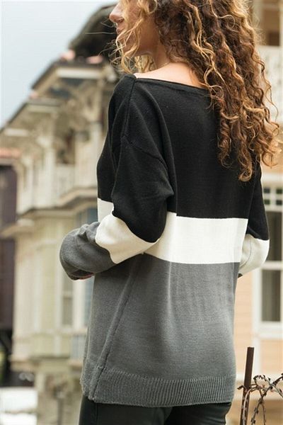 AQE FASHION Pulover cu trei blocuri de damă, antracit-ecru-gri