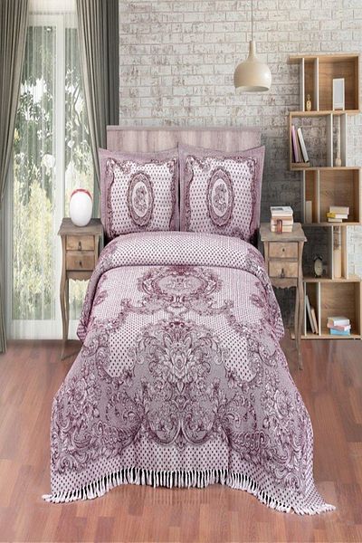 Evim Rose Patterned Cotton Plum Jacquard Bedspread - 230X240 cm